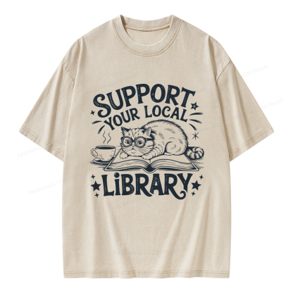 Pagewings Support Your Local Library Cat  Unisex Washed T-shirt