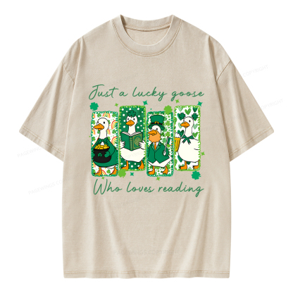 Pagewings St Patrick’s Day Just A Lucky Goose Who Loves Reading Unisex Washed T-shirt
