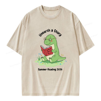 Pagewings Unearth A Story Dinosaur Summer Reading Unisex Washed T-shirt