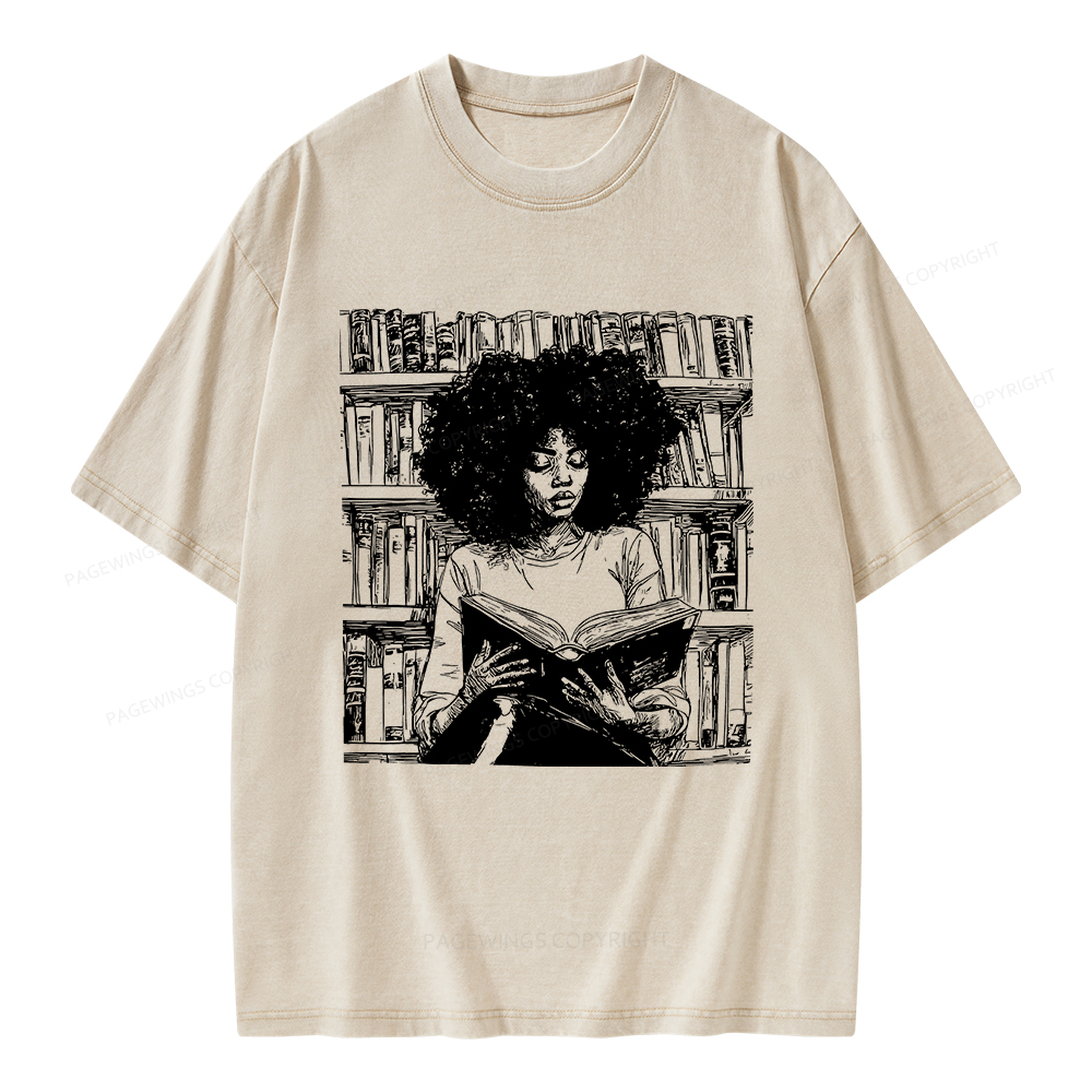 Pagewings Black Girl Reading Unisex Washed T-shirt