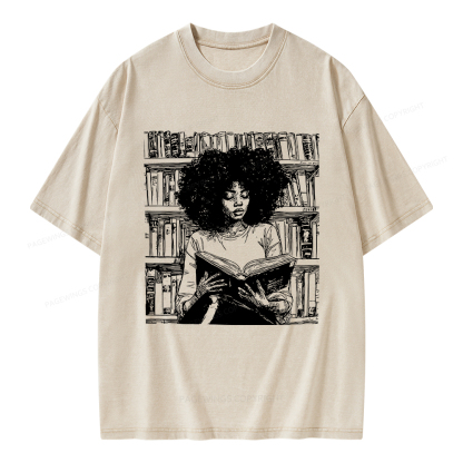 Pagewings Black Girl Reading Unisex Washed T-shirt