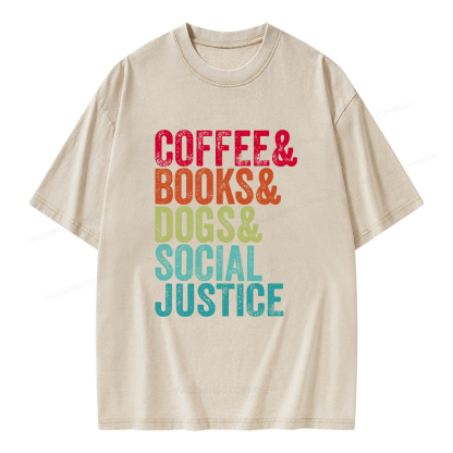 Pagewings Books Coffee Dogs Social Justice Unisex Washed T-shirt