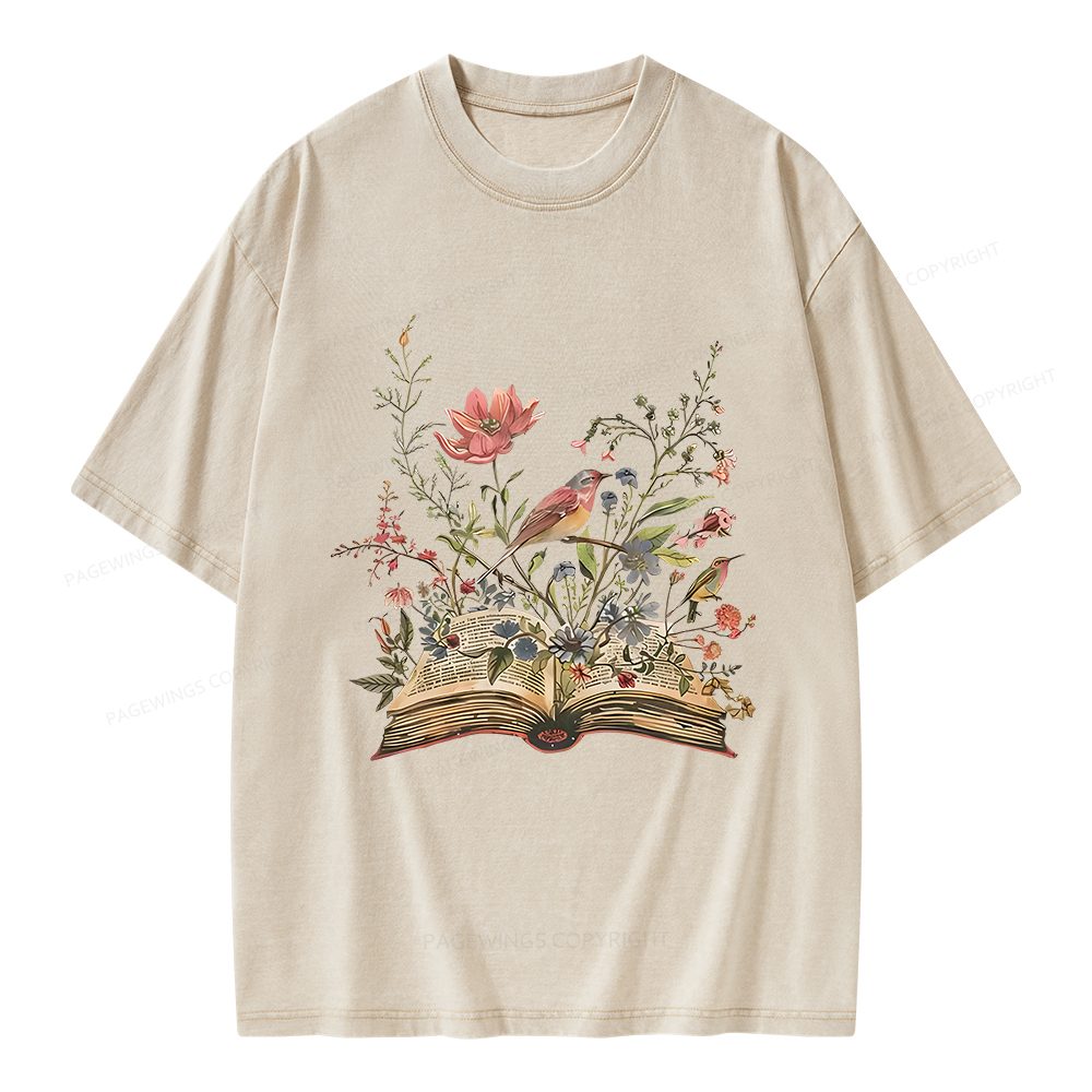 Pagewings Book Flowers Unisex Washed T-shirt