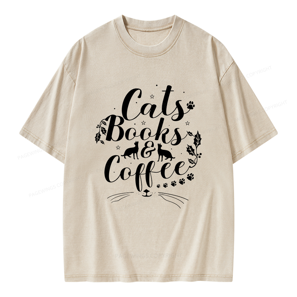 Pagewings Cats Books And Coffee Unisex Washed T-shirt