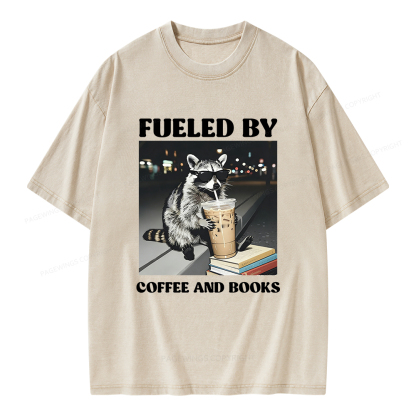 Pagewings Raccoon Reading And Drinking Iced Coffee Unisex Washed T-shirt
