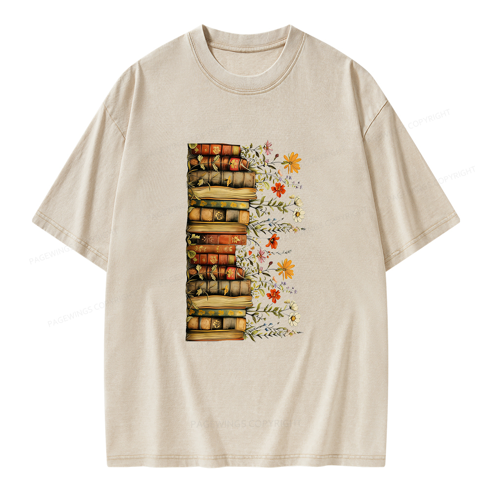 Pagewings Floral Books Unisex Washed T-shirt