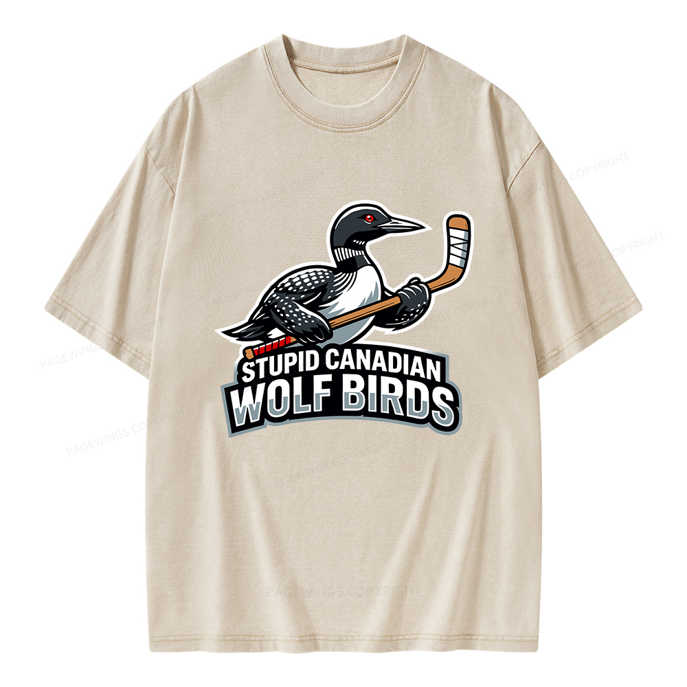 Pagewings Stupid Canadian Wolf Birds Funny Unisex Washed T-shirt