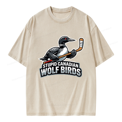 Pagewings Stupid Canadian Wolf Birds Funny Unisex Washed T-shirt