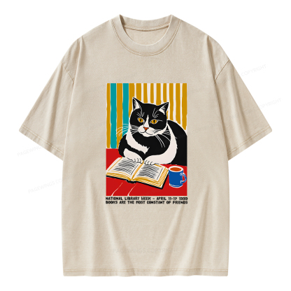 Pagewings Ational Library Week Cat Poster Unisex Washed T-shirt