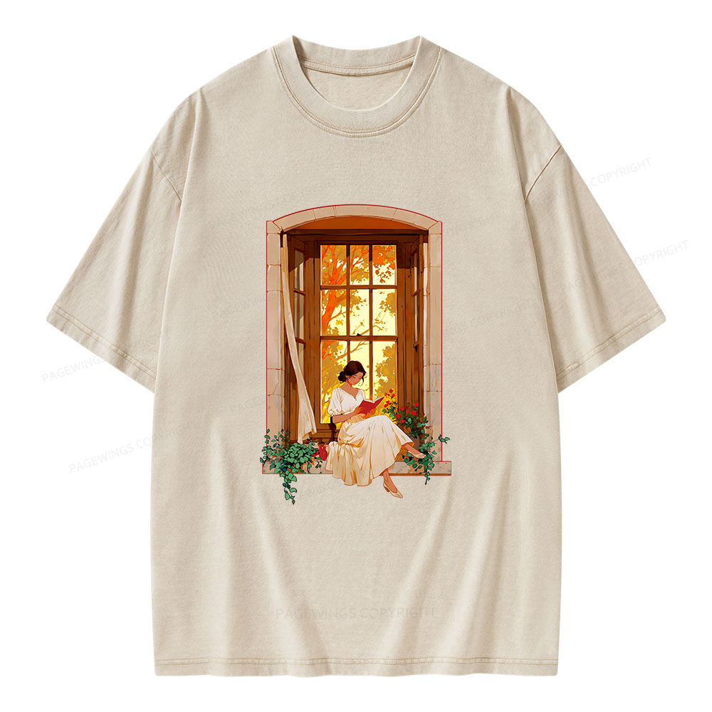 Pagewings Book Lovers Reading By The Window  Unisex Washed T-shirt