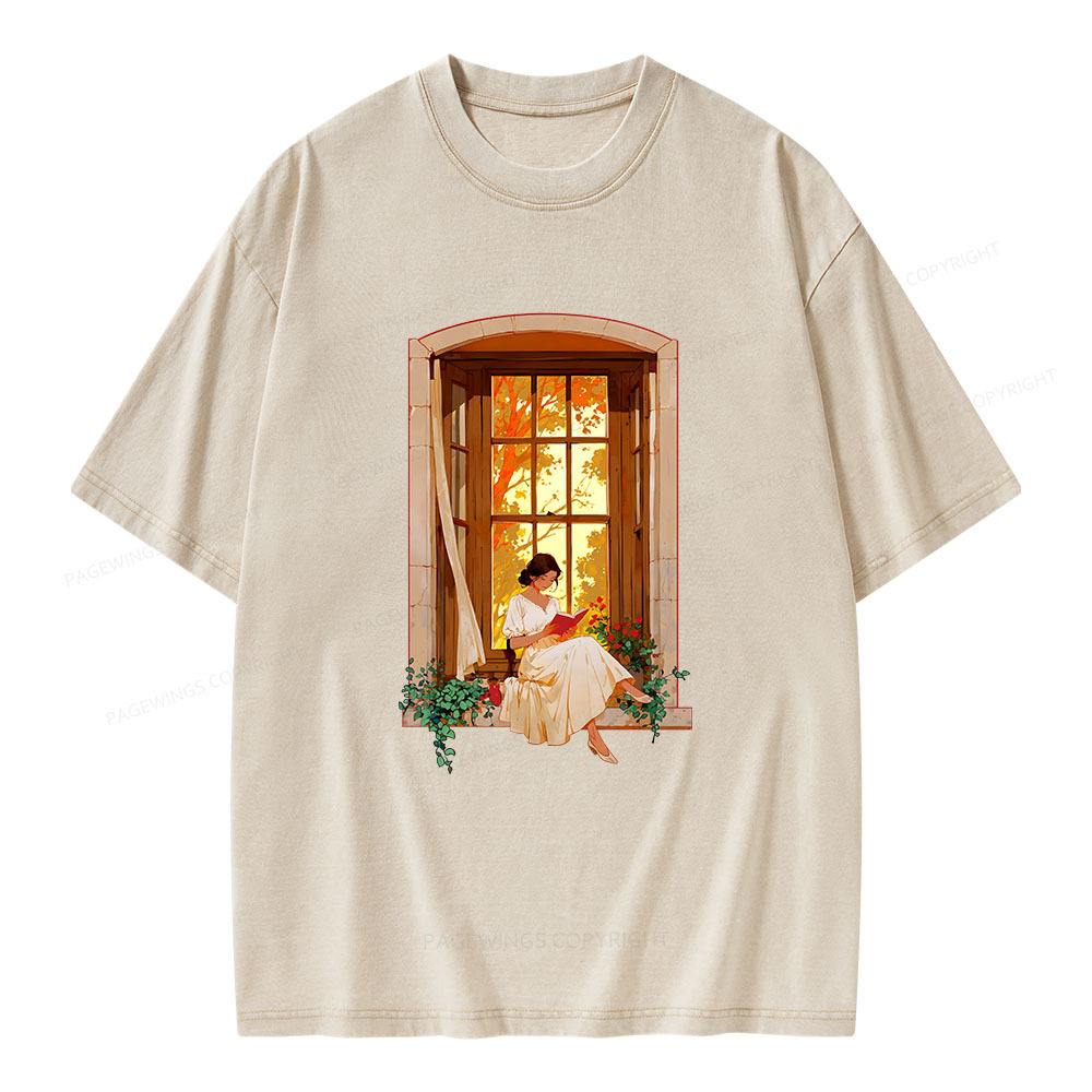 Pagewings Book Lovers Reading By The Window  Unisex Washed T-shirt