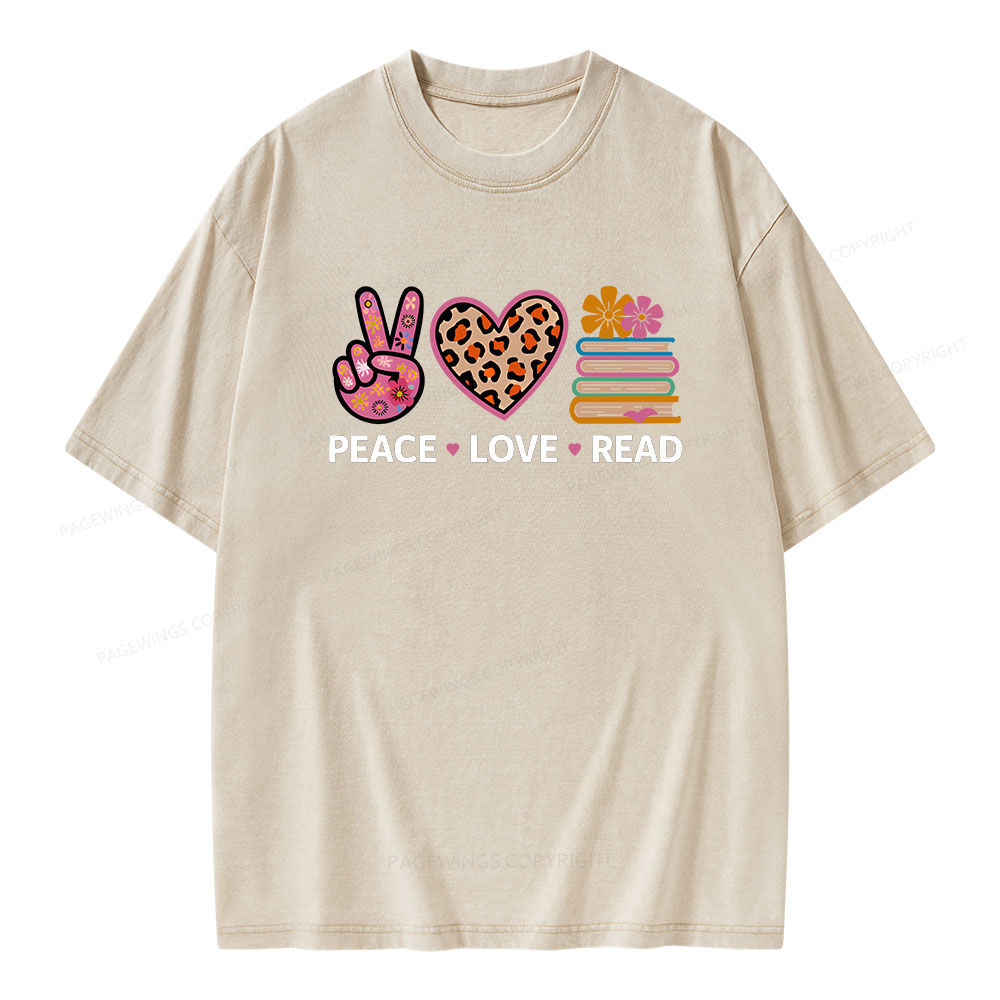 Pagewings Peace Love Read World Book Day Unisex Washed T-shirt
