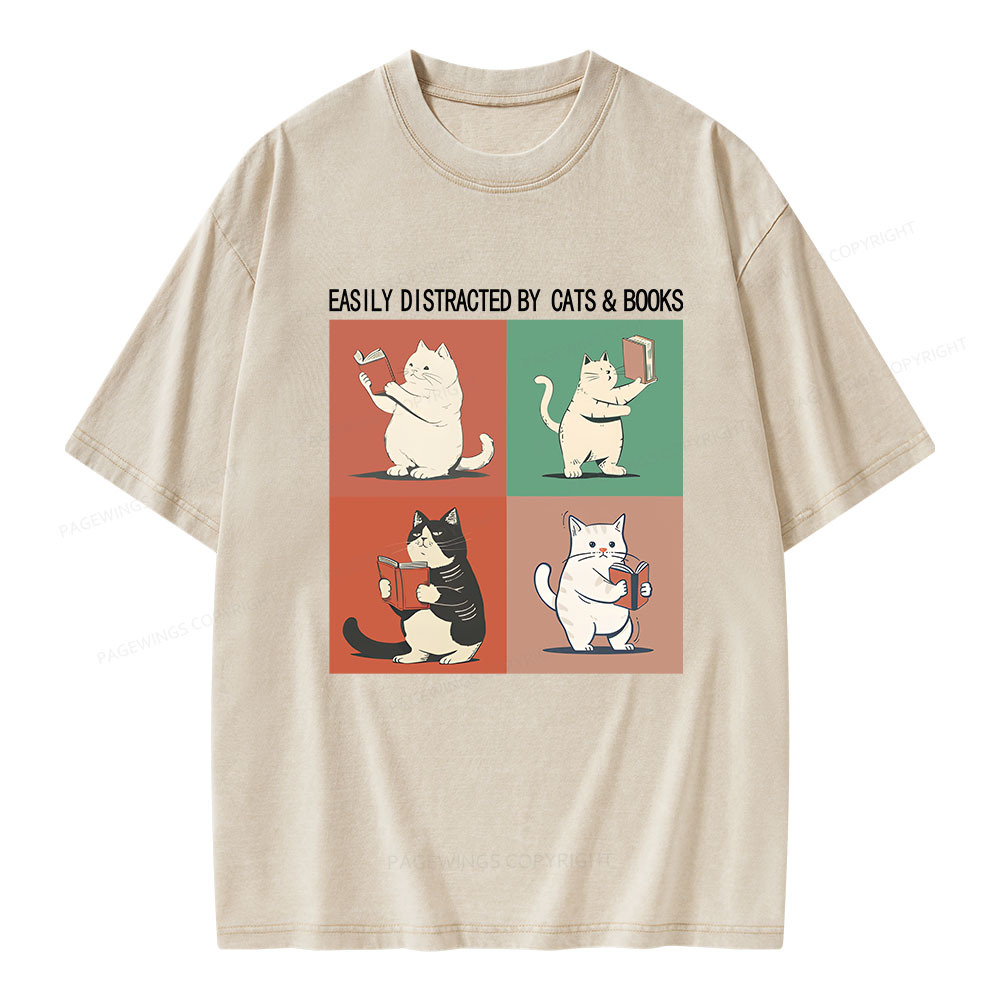 Pagewings Cute Easily Distracted by Cats Books Unisex Washed T-shirt
