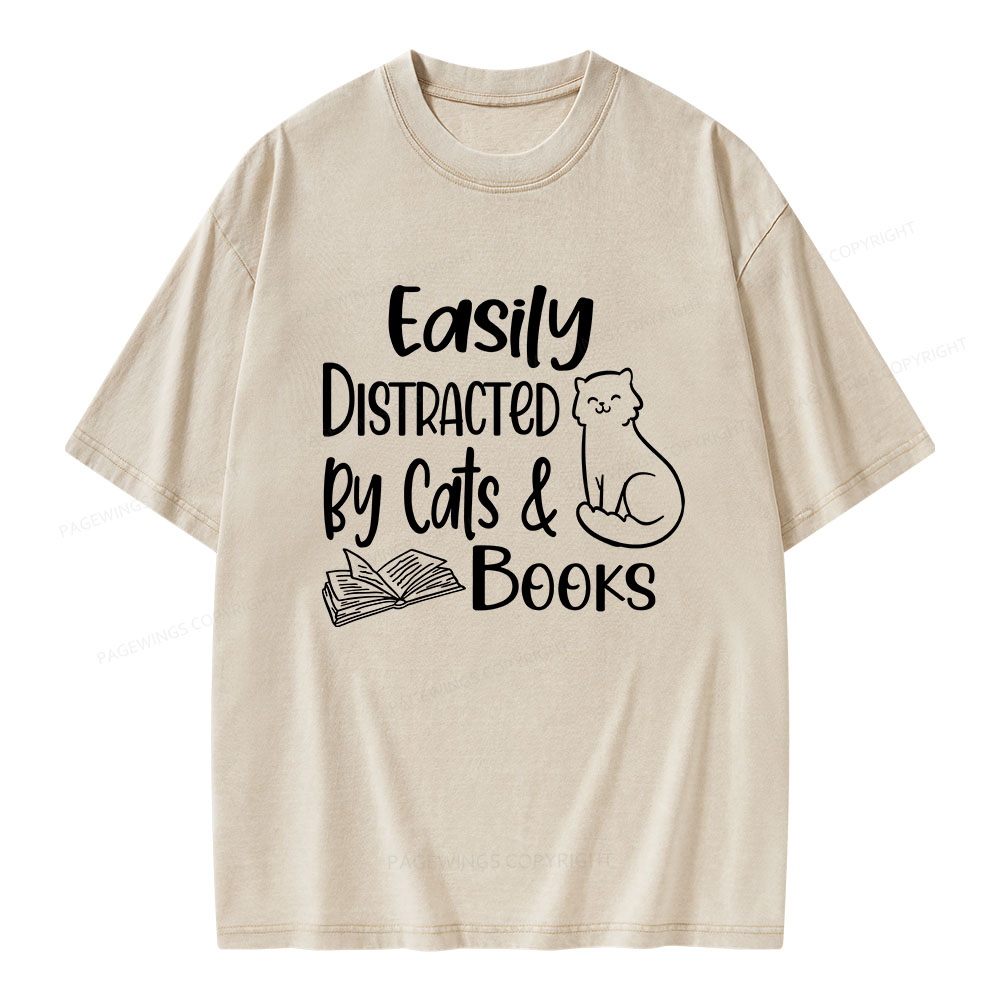 Pagewings Easily Distracted By Cats And Books Unisex Washed T-shirt