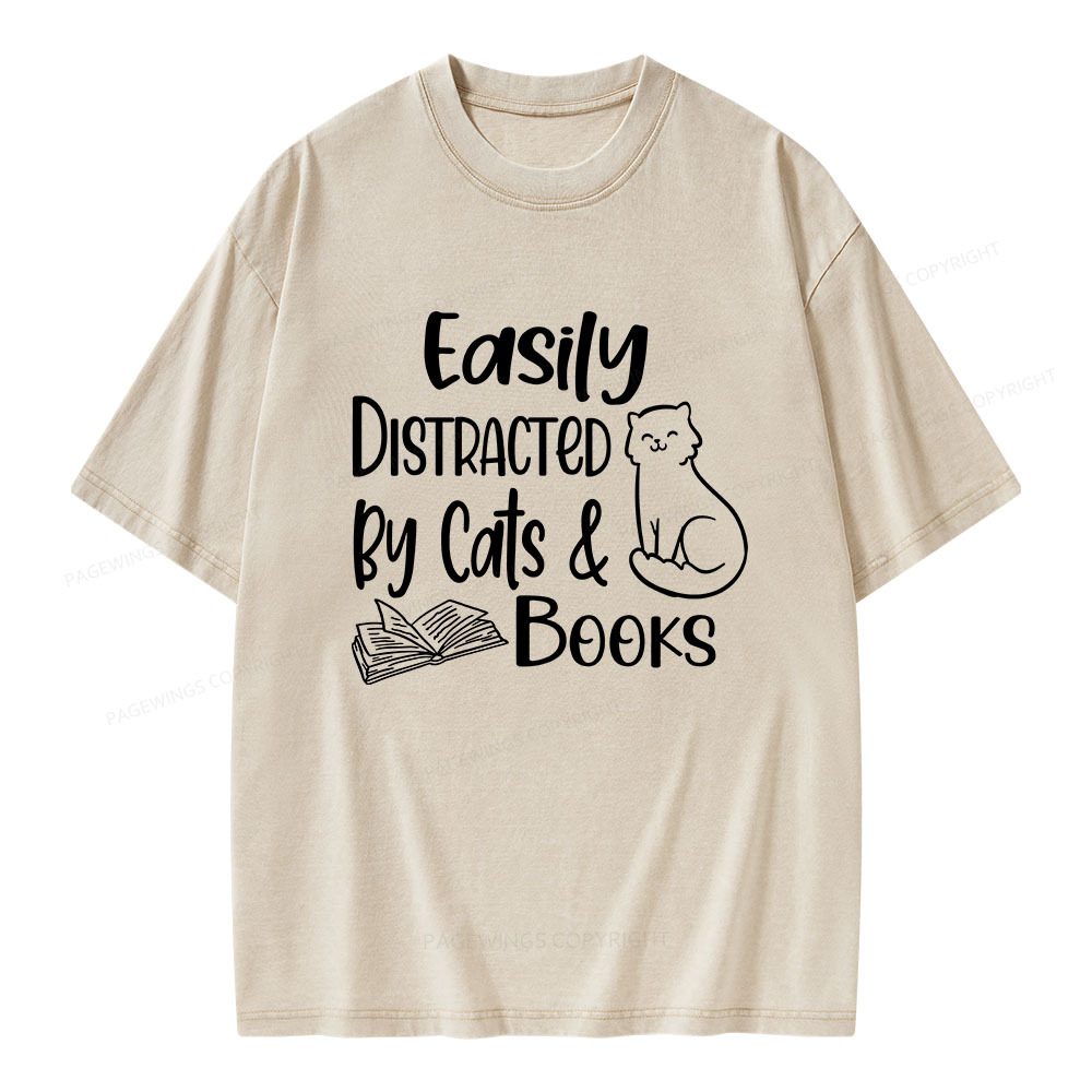 Pagewings Easily Distracted By Cats And Books Unisex Washed T-shirt