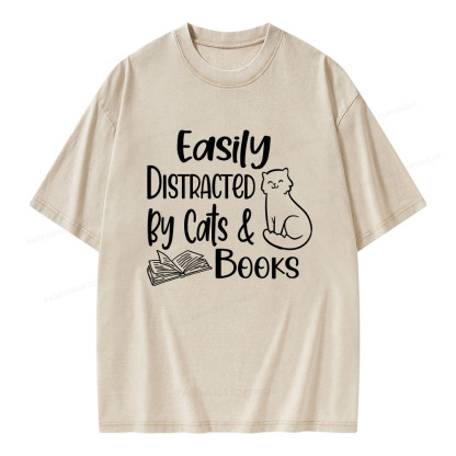 Pagewings Easily Distracted By Cats And Books Unisex Washed T-shirt