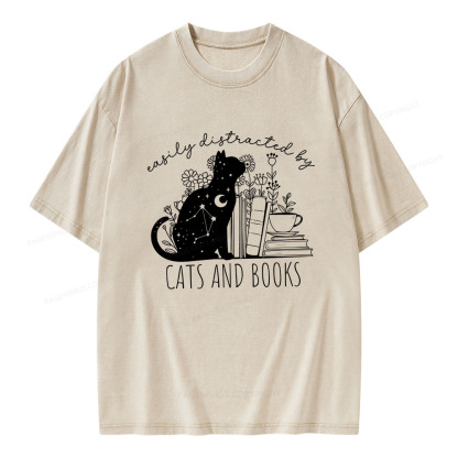 Pagewings Easily Distracted By Cats And Books Unisex Washed T-shirt