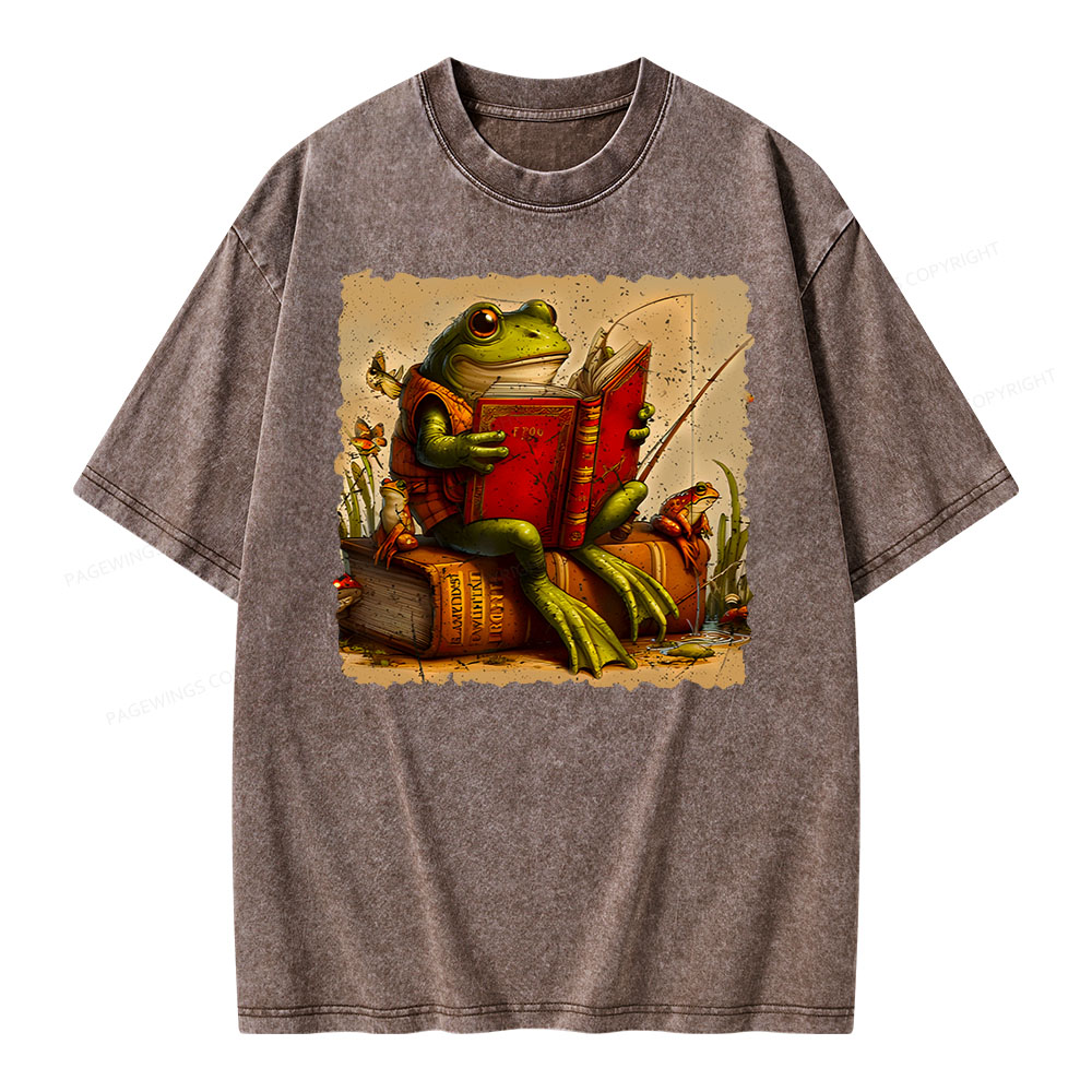 Pagewings Toad Fishing Book Reading Book Unisex Washed T-shirt