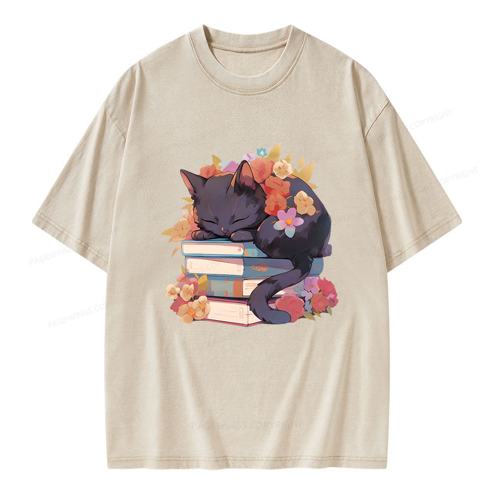 Pagewings Black Cat Sleeping on Books Unisex Washed T-shirt