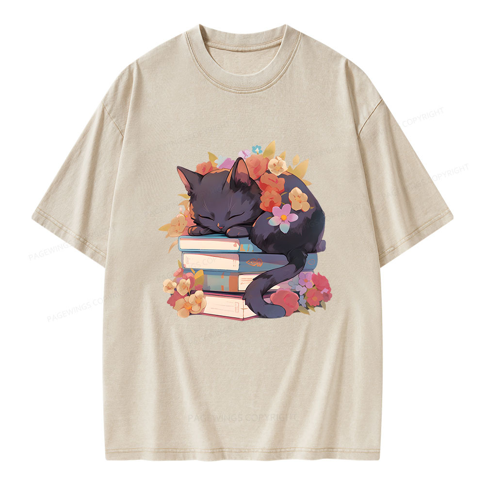 Pagewings Black Cat Sleeping on Books Unisex Washed T-shirt
