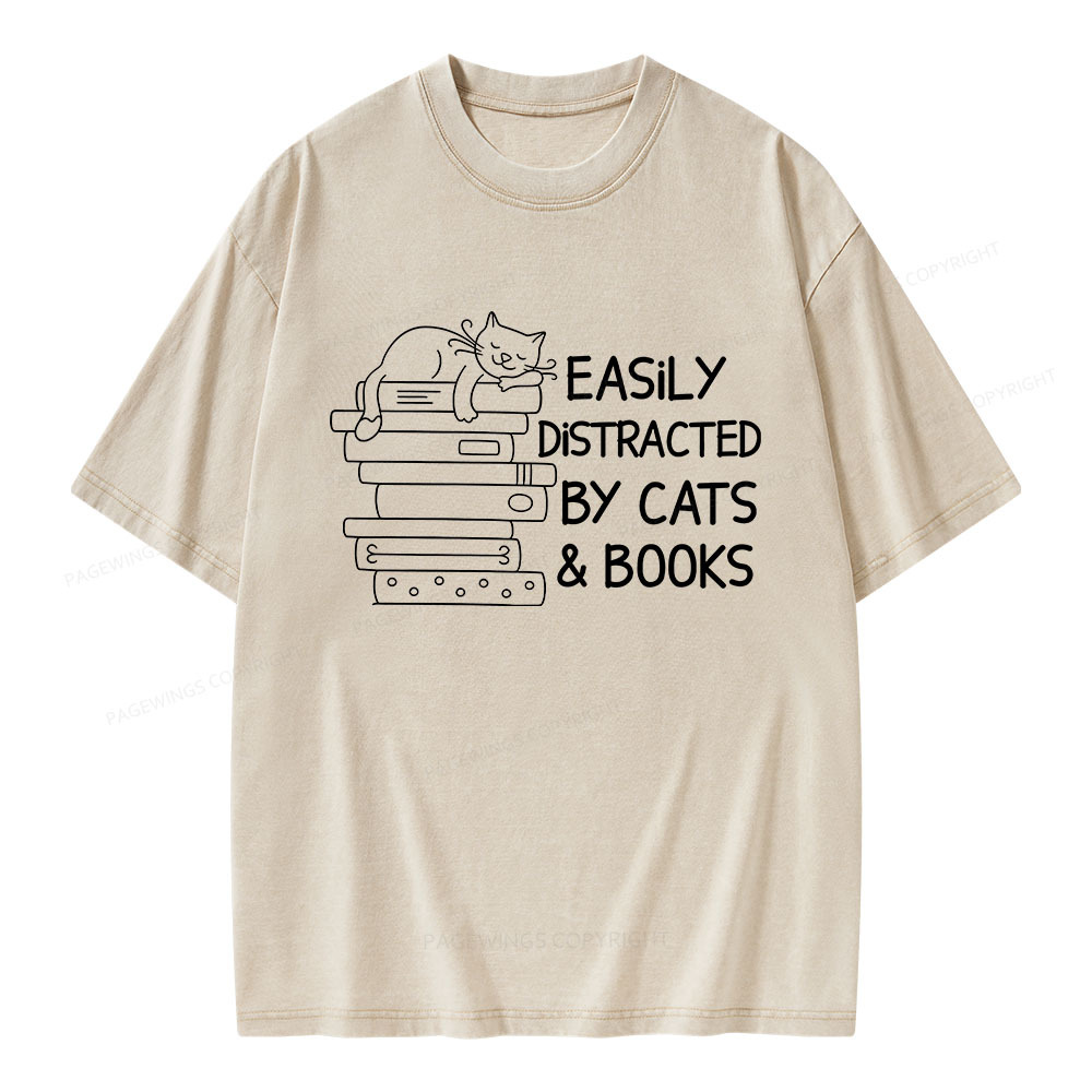 Pagewings Easily Distracted By Cats And Books Unisex Washed T-shirt