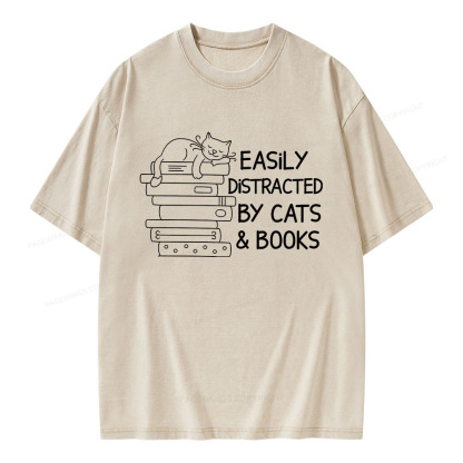 Pagewings Easily Distracted By Cats And Books Unisex Washed T-shirt