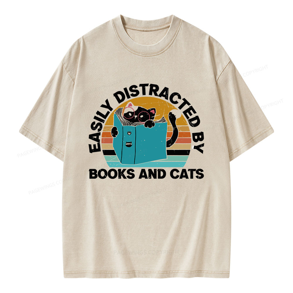 Pagewings Easily Distracted By Books And Cats Unisex Washed T-shirt