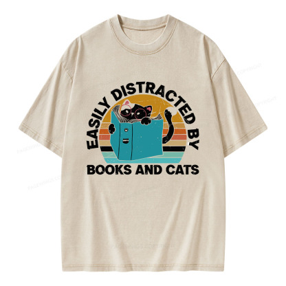 Pagewings Easily Distracted By Books And Cats Unisex Washed T-shirt