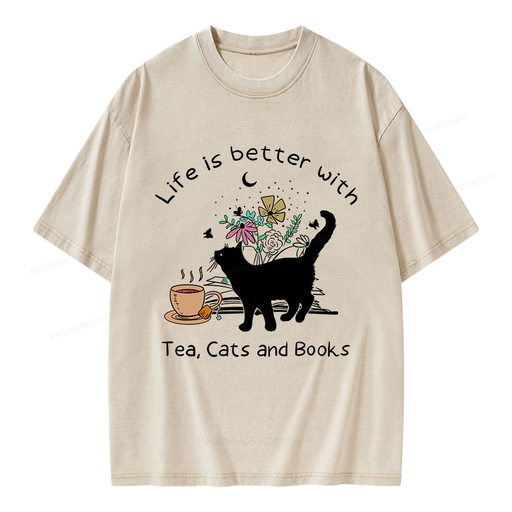 Pagewings Life Is Better With Tea Cats And Books Unisex Washed T-shirt