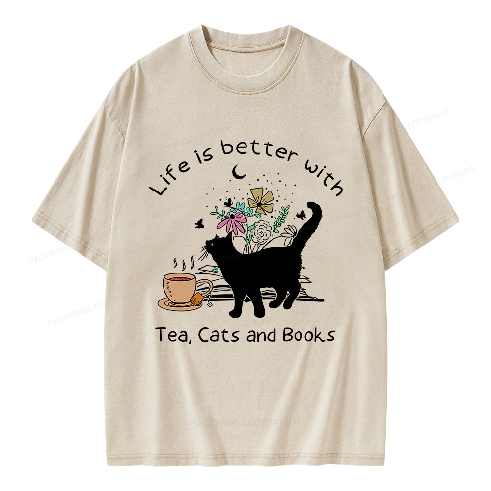 Pagewings Life Is Better With Tea Cats And Books Unisex Washed T-shirt