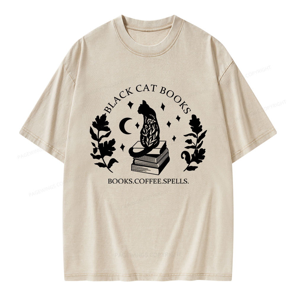 Pagewings Black Cat Books Unisex Washed T-shirt