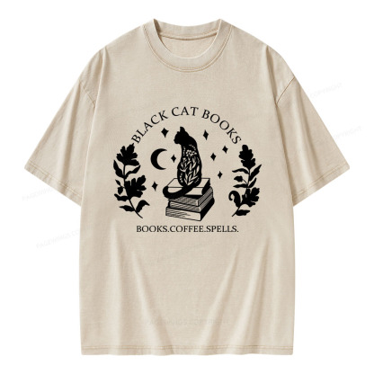 Pagewings Black Cat Books Unisex Washed T-shirt