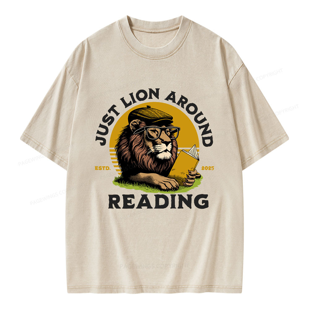 Pagewings Just Lion Around Reading Unisex Washed T-shirt