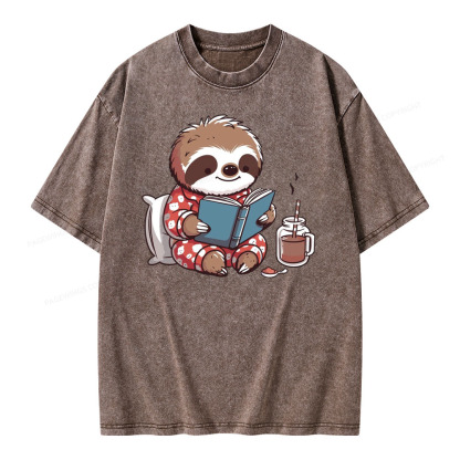 Pagewings Books Sloth Book lover Gift cute sloth on Unisex Washed T-shirt