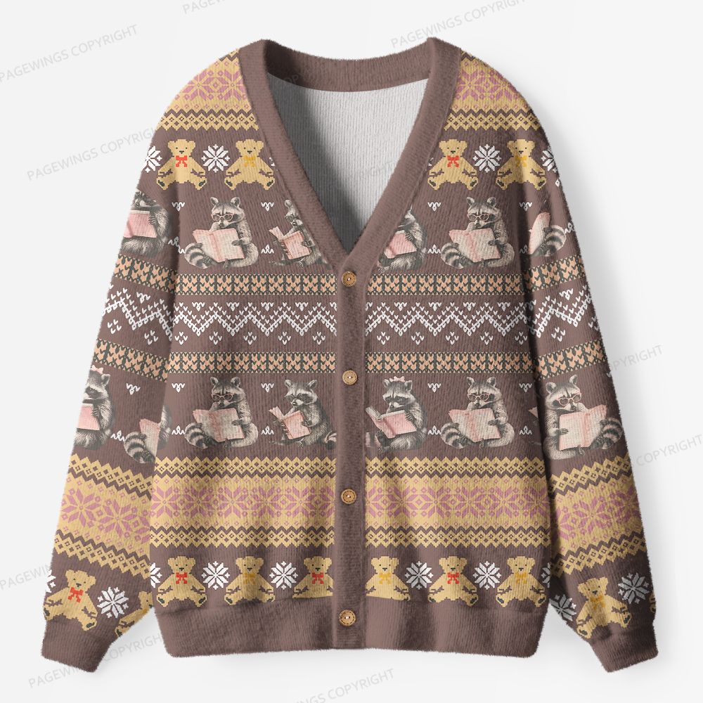 Pagewings Just A Raccoon Who Loves Reading Unisex Ugly Cardigan Sweaters