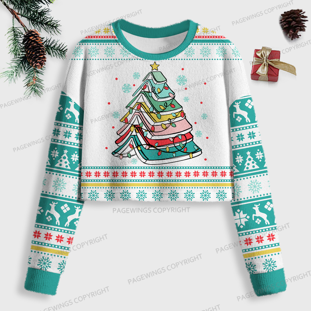 Pagewings Christmas Book Tree Women Ugly Crop Sweatshirt