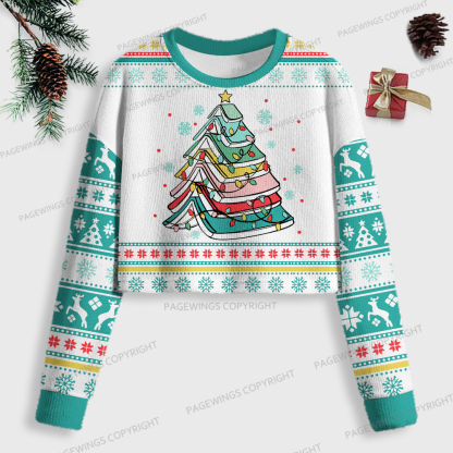 Pagewings Christmas Book Tree Women Ugly Crop Sweatshirt