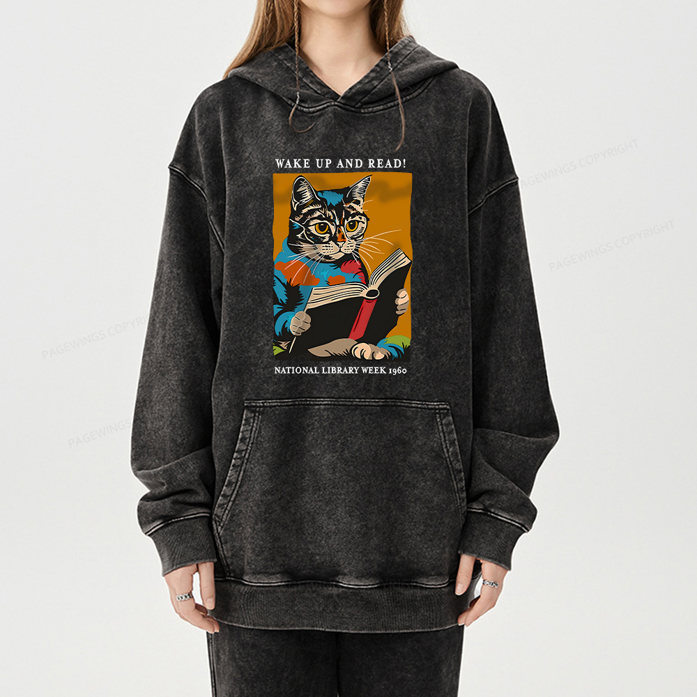 Pagewing Cat Reading Poster Unisex Washed Hoodie