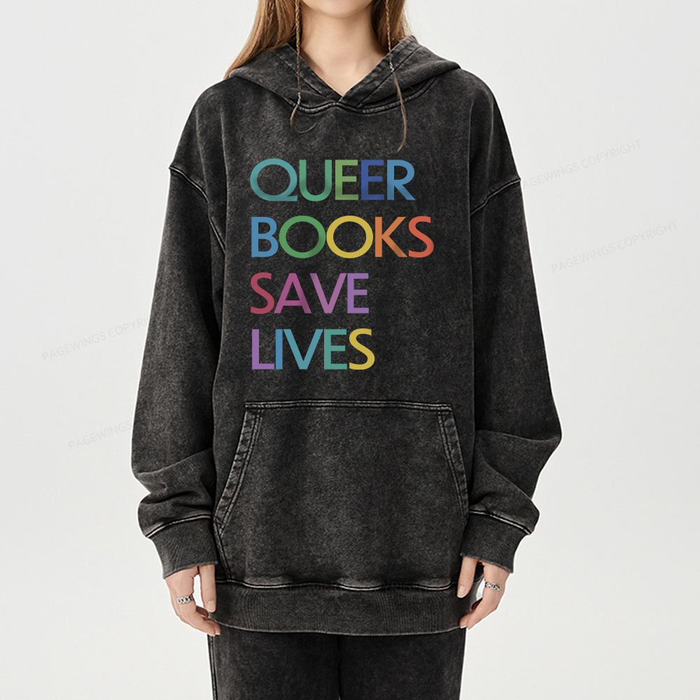 Pagewing Queer Books Save Lives Unisex Washed Hoodie
