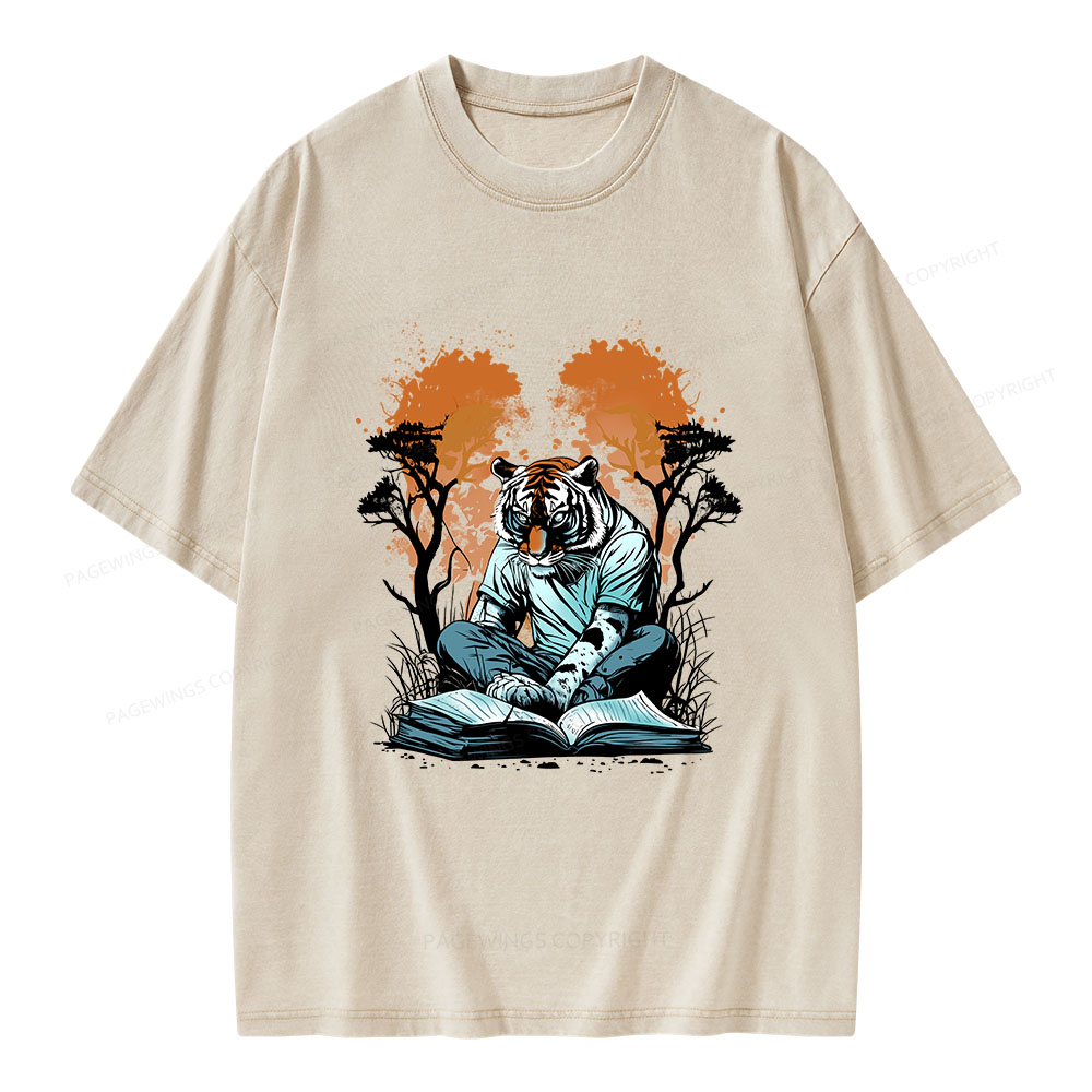 Pagewings Tiger Reading A Book Unisex Washed T-shirt