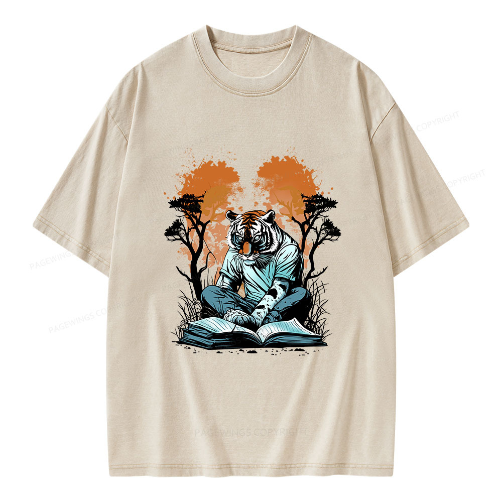 Pagewings Tiger Reading A Book Unisex Washed T-shirt