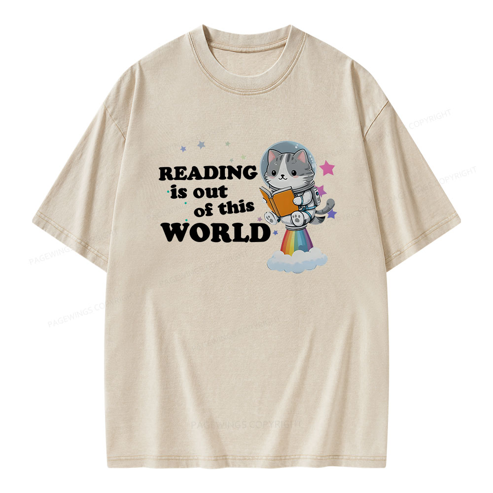 Pagewings Cat Reading in Space Unisex Washed T-shirt