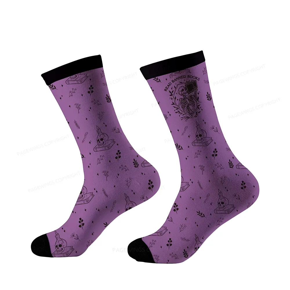 Pagewings Read Banned Books Skeleton Halloween Goth Protest Socks