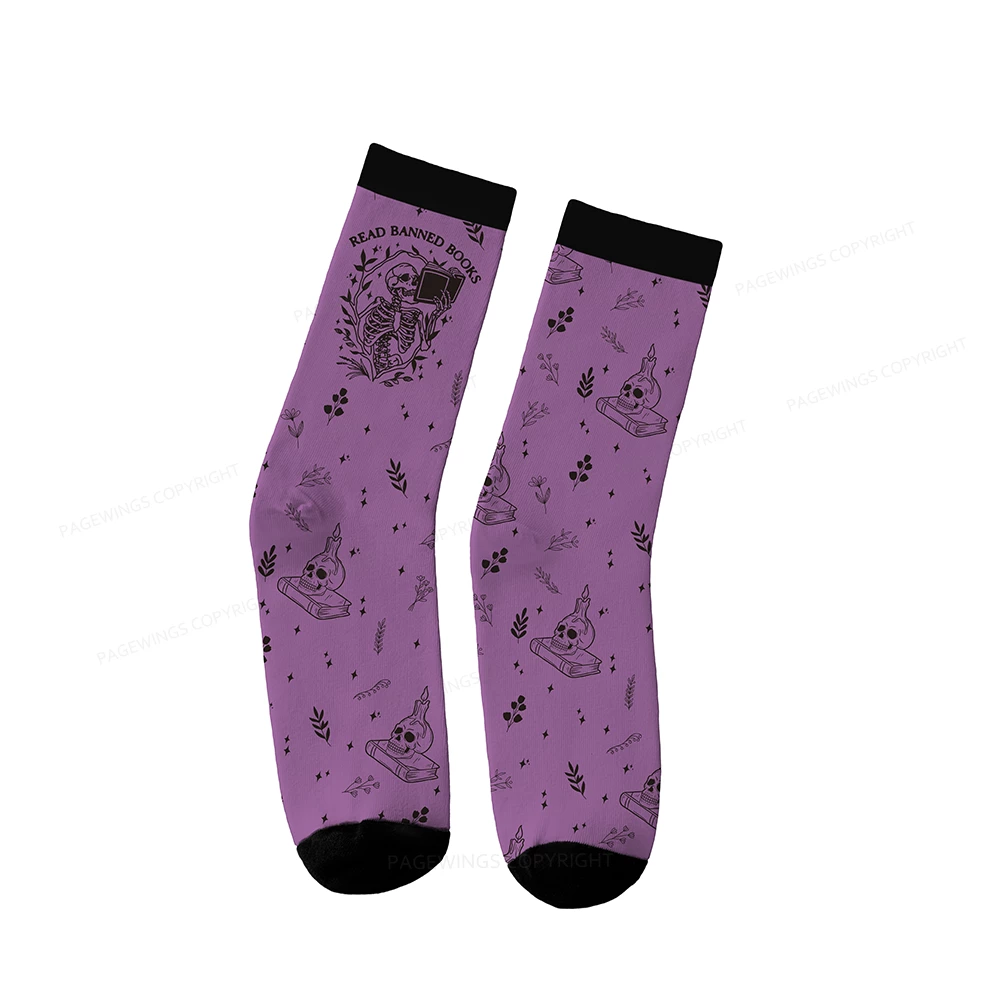 Pagewings Read Banned Books Skeleton Halloween Goth Protest Socks