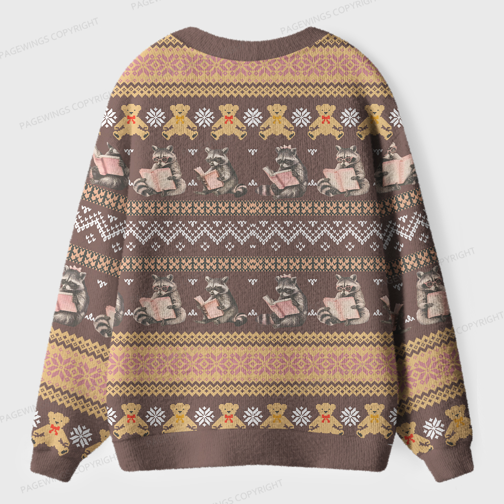 Pagewings Just A Raccoon Who Loves Reading Unisex Ugly Cardigan Sweaters