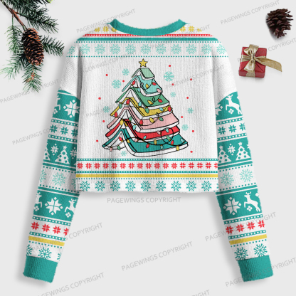 Pagewings Christmas Book Tree Women Ugly Crop Sweatshirt