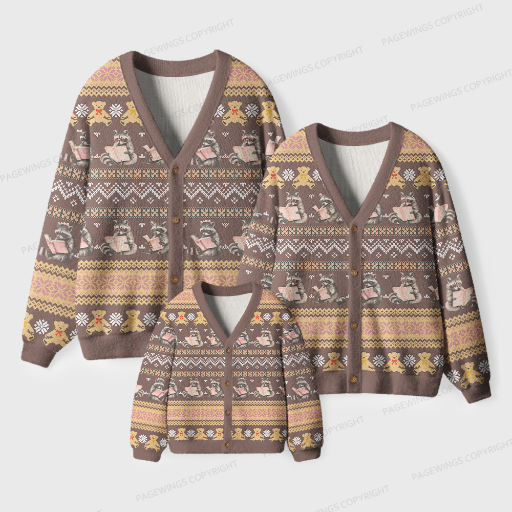 Pagewings Just A Raccoon Who Loves Reading Unisex Ugly Cardigan Sweaters