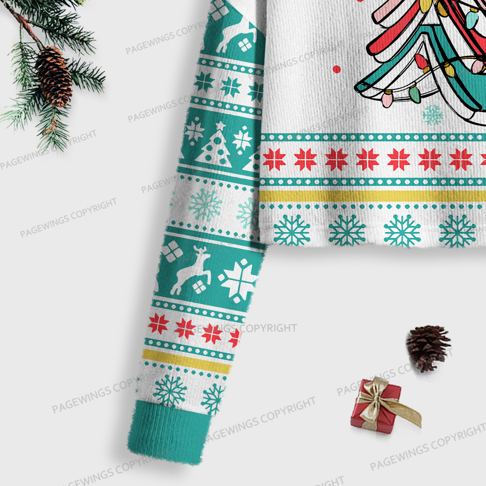 Pagewings Christmas Book Tree Women Ugly Crop Sweatshirt