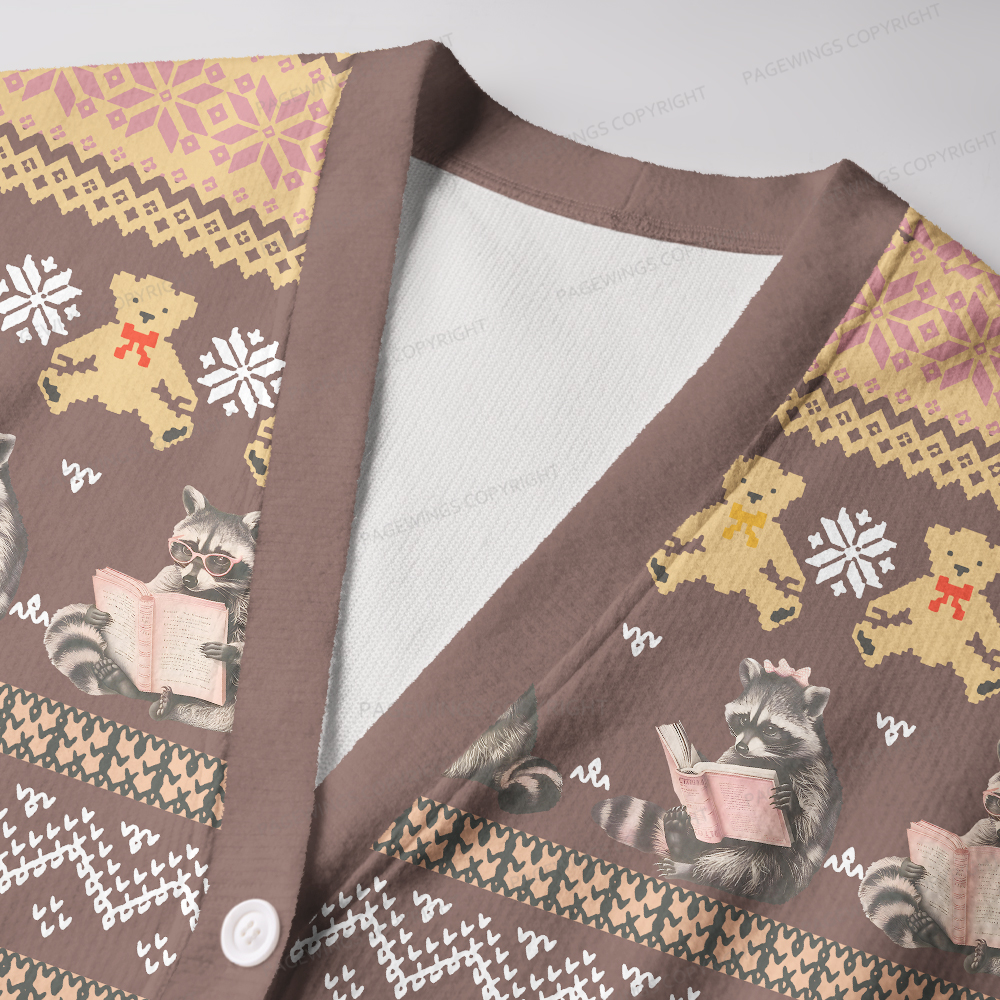Pagewings Just A Raccoon Who Loves Reading Unisex Ugly Cardigan Sweaters