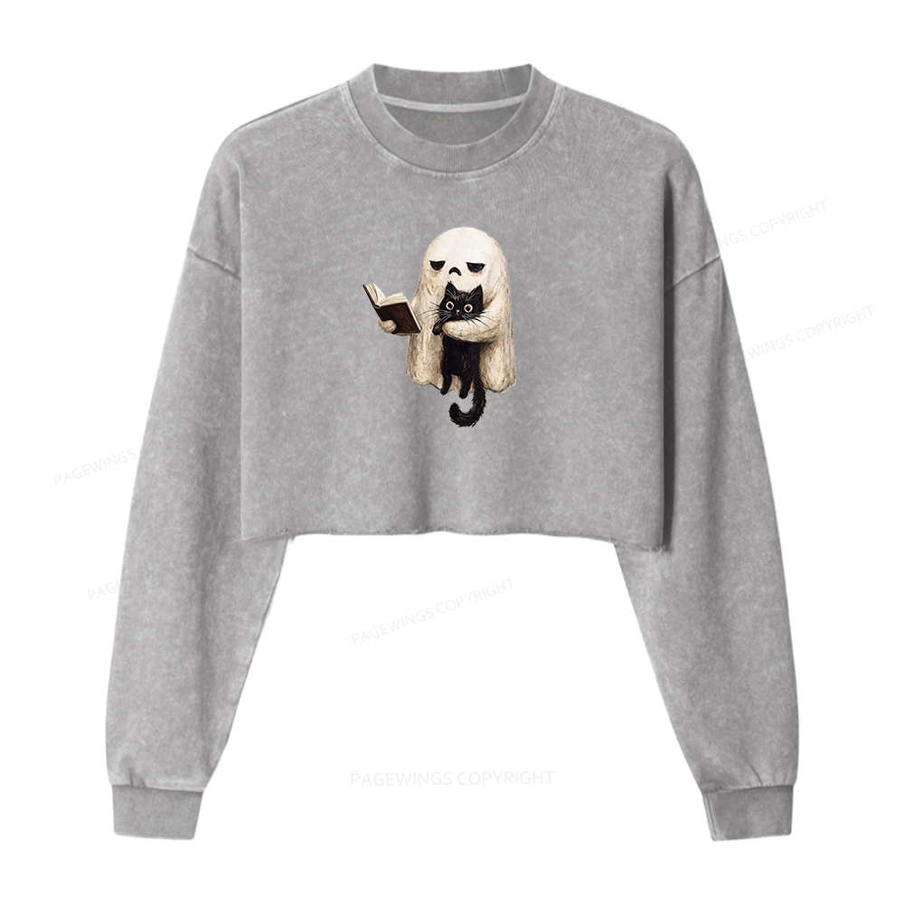Pagewings Ghost Cat Washed Crop Sweatshirt